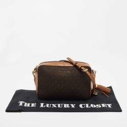 Pre Owned Michael Kors Brown/Tan Signature Coated Canvas and Leather Jet Set Crossbody Bag