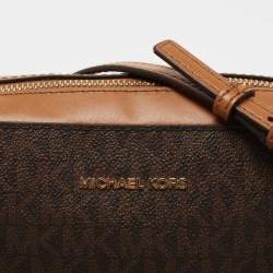Pre Owned Michael Kors Brown/Tan Signature Coated Canvas and Leather Jet Set Crossbody Bag