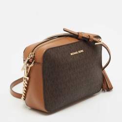 Pre Owned Michael Kors Brown/Tan Signature Coated Canvas and Leather Jet Set Crossbody Bag