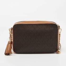 Pre Owned Michael Kors Brown/Tan Signature Coated Canvas and Leather Jet Set Crossbody Bag