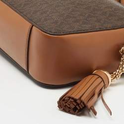 Pre Owned Michael Kors Brown/Tan Signature Coated Canvas and Leather Jet Set Crossbody Bag