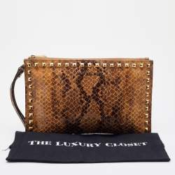 Pre Owned Michael Kors Brown Snakeskin Embossed Leather Studded Sandrine Clutch
