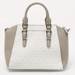 Pre Owned Michael Kors White/Grey Signature Coated Canvas and Leather Ciara Satchel