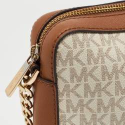 Michael Kors Beige/Tan Signature Coated Canvas and Leather Jet Set Crossbody Bag