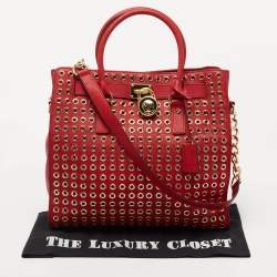 Pre Owned Michael Kors Red Leather Large N/S Grommet Hamilton Tote