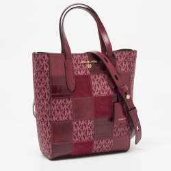 Pre Owned Michael Kors Burgundy Signature Coated Canvas, Leather and Suede Sinclair Tote