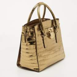Pre Owned Michael Kors Gold Croc Embossed Leather Hamilton Studio Tote