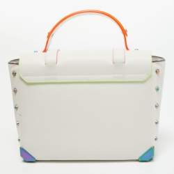 Pre Owned Michael Kors Optic White Leather Multicolor Trim Medium Manhattan Satchel