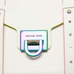 Pre Owned Michael Kors Optic White Leather Multicolor Trim Medium Manhattan Satchel