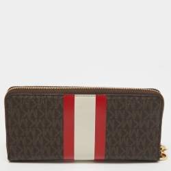 Pre Owned Michael Kors Brown Signature Coated Canvas Zip Around Wristlet Wallet