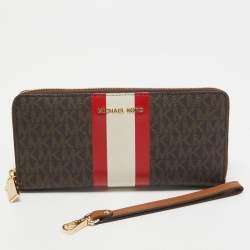 Pre Owned Michael Kors Brown Signature Coated Canvas Zip Around Wristlet Wallet