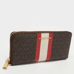 Pre Owned Michael Kors Brown Signature Coated Canvas Zip Around Wristlet Wallet