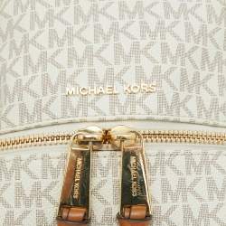 Michael Kors White/Tan Signature Coated Canvas and Leather Mini Rhea Backpack