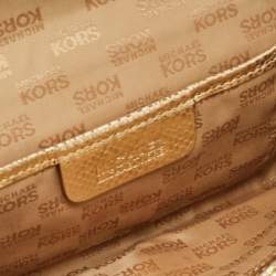 Pre Owned Michael Kors Gold Woven Laminated Leather Logo Flap Clutch