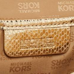Pre Owned Michael Kors Gold Woven Laminated Leather Logo Flap Clutch