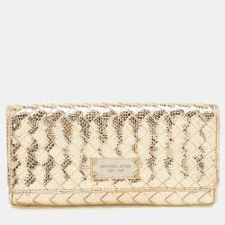 Pre Owned Michael Kors Gold Woven Laminated Leather Logo Flap Clutch