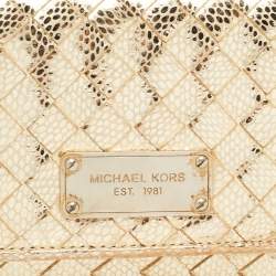 Pre Owned Michael Kors Gold Woven Laminated Leather Logo Flap Clutch