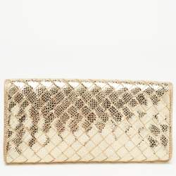 Pre Owned Michael Kors Gold Woven Laminated Leather Logo Flap Clutch