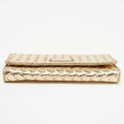 Pre Owned Michael Kors Gold Woven Laminated Leather Logo Flap Clutch