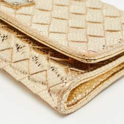 Pre Owned Michael Kors Gold Woven Laminated Leather Logo Flap Clutch