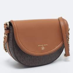 Pre Owned Michael Kors Brown/Tan Signature Coated Canvas And Leather Jet Set Charm Dome Crossbody Bag