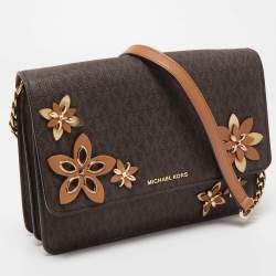 Pre Owned Michael Kors Brown Signature Coated Canvas and Leather Floral Daniela Shoulder Bag