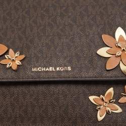 Pre Owned Michael Kors Brown Signature Coated Canvas and Leather Floral Daniela Shoulder Bag