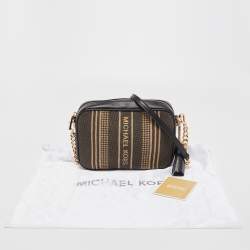 Pre Owned Michael Kors Black/Beige Canvas and Leather Logo Striped Crossbody Bag