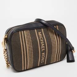 Pre Owned Michael Kors Black/Beige Canvas and Leather Logo Striped Crossbody Bag