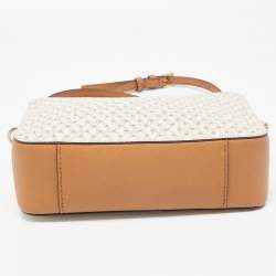 Pre Owned Michael Kors Beige/Tan Signature Star Cut-Out Coated Canvas and Leather Jet Set Crossbody Bag