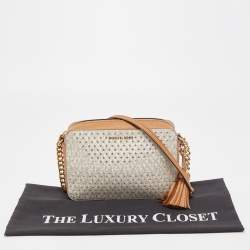 Pre Owned Michael Kors Beige/Tan Signature Star Cut-Out Coated Canvas and Leather Jet Set Crossbody Bag