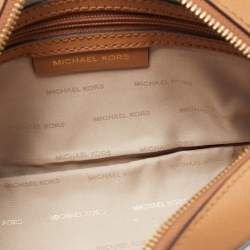 Pre Owned Michael Kors Beige/Tan Signature Star Cut-Out Coated Canvas and Leather Jet Set Crossbody Bag