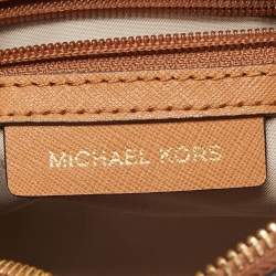 Pre Owned Michael Kors Beige/Tan Signature Star Cut-Out Coated Canvas and Leather Jet Set Crossbody Bag