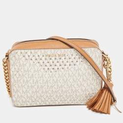 Pre Owned Michael Kors Beige/Tan Signature Star Cut-Out Coated Canvas and Leather Jet Set Crossbody Bag