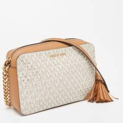 Pre Owned Michael Kors Beige/Tan Signature Star Cut-Out Coated Canvas and Leather Jet Set Crossbody Bag