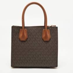 Pre Owned Michael Kors Brown Signature Coated Canvas and Leather Mini Mercer Tote