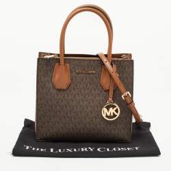 Pre Owned Michael Kors Brown Signature Coated Canvas and Leather Mini Mercer Tote