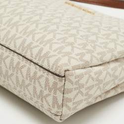 Pre Owned Michael Kors Off White/Brown Signature Coated Canvas and Leather Medium Trisha Crossbody Bag