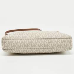 Pre Owned Michael Kors Off White/Brown Signature Coated Canvas and Leather Medium Trisha Crossbody Bag