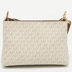 Pre Owned Michael Kors Off White/Brown Signature Coated Canvas and Leather Medium Trisha Crossbody Bag