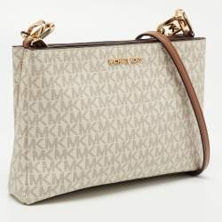 Pre Owned Michael Kors Off White/Brown Signature Coated Canvas and Leather Medium Trisha Crossbody Bag