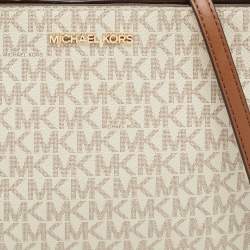 Pre Owned Michael Kors Off White/Brown Signature Coated Canvas and Leather Medium Trisha Crossbody Bag