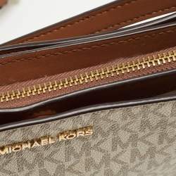 Pre Owned Michael Kors Off White/Brown Signature Coated Canvas and Leather Medium Trisha Crossbody Bag