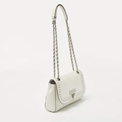 Pre Owned Michael Kors White Saffiano Leather Hannah Perforated Flap Shoulder Bag
