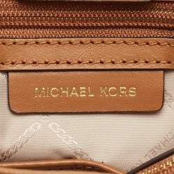 Pre Owned Michael Kors Off White/Tan Signature Coated Canvas and Leather Cynthia Tote