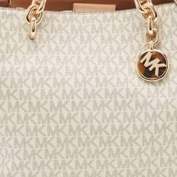Pre Owned Michael Kors Off White/Tan Signature Coated Canvas and Leather Cynthia Tote