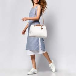 Pre Owned Michael Kors Off White/Tan Signature Coated Canvas and Leather Cynthia Tote