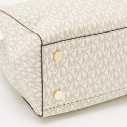 Pre Owned Michael Kors Off White/Tan Signature Coated Canvas and Leather Cynthia Tote