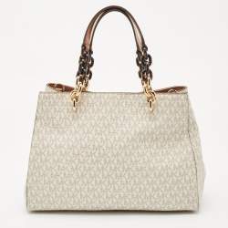 Pre Owned Michael Kors Off White/Tan Signature Coated Canvas and Leather Cynthia Tote