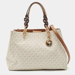Pre Owned Michael Kors Off White/Tan Signature Coated Canvas and Leather Cynthia Tote